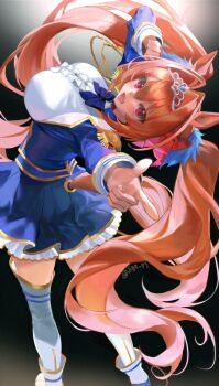 1girl :d animal_ears bilingual_commentary blue_jacket blue_skirt breasts brown_hair center_frills clothing_cutout commentary daiwa_scarlet_(peak_blue)_(umamusume) daiwa_scarlet_(umamusume) english_commentary epaulettes fang frills from_side hair_between_eyes hair_intakes hair_ornament highres horse_ears horse_girl horse_tail jacket jiye_p1 juliet_sleeves large_breasts layered_legwear layered_skirt long_hair long_sleeves looking_at_viewer mixed-language_commentary open_mouth pointing pointing_at_viewer puffy_sleeves red_eyes skirt smile solo tail tail_through_clothes tiara twintails twitter_username umamusume very_long_hair