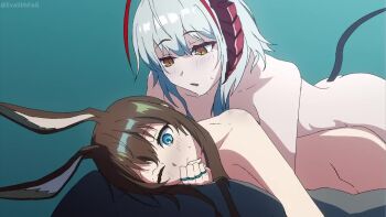 2girls age_difference amiya_(arknights) animated antennae aqua_background arknights artist_name ass blue_eyes brown_hair closed_mouth completely_nude demon_girl demon_horns demon_tail evalithfog fang horns hug implied_futanari implied_sex jewelry looping_animation multiple_girls multiple_rings nude older_female_and_younger_female one_eye_closed open_mouth rabbit_ears rabbit_girl red_horns ring sex sex_from_behind sweat tagme tail twitter_username video w_(arknights) white_hair wide-eyed wis'adel_(arknights) yellow_eyes yuri