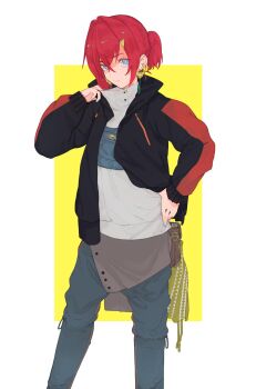 1girl adjusting_collar alternate_costume ange_katrina belt_bag black_jacket blue_eyes blue_nails blue_pants bright_pupils brown_bag closed_mouth collared_jacket commentary_request earclip earrings feet_out_of_frame gold_earrings gradient_eyes grey_shirt hair_between_eyes hair_ornament hand_on_own_hip hand_up highres jacket jewelry long_bangs multicolored_eyes nail_polish nijisanji open_clothes open_jacket pants ponytail popped_collar purple_eyes red_hair sasha_f shirt sleeves_past_wrists solo standing triangle_earrings triangle_hair_ornament turtleneck turtleneck_shirt virtual_youtuber white_background white_pupils yellow_background