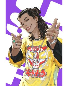 Rule 34 | 1boy, brown eyes, brown hair, chain, character name, commentary, curly hair, eyewear on head, facial hair, glint, goatee, half updo, highres, jewelry, long sleeves, looking at viewer, male focus, one piece, purple background, ring, smile, solo, upper body, usopp, wandzardeen, watch, wristwatch