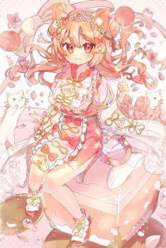 Rule 34 | 1girl, :3, animal, animal ear fluff, animal ears, blush, bow, cat, cat ears, cat girl, cat tail, closed mouth, commentary, double-parted bangs, dress, food, frilled sleeves, frills, fruit, full body, hair bow, highres, long hair, long sleeves, looking at viewer, orange hair, original, peach, red bow, red dress, red eyes, red shoes, shoes, sitting, smile, solo, symbol-only commentary, tail, tail bow, tail ornament, tsukumi bis, twitter username, wide sleeves