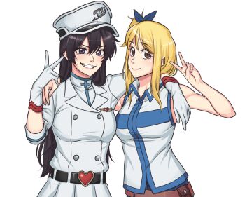 Rule 34 | 2girls, arm around shoulder, bambietta basterbine, bare shoulders, belt, belt pouch, black belt, black hair, bleach, bleach: sennen kessen-hen, blonde hair, blue ribbon, blue skirt, breasts, brooch, brown eyes, buckle, collared shirt, commentary, commission, crossover, english commentary, fairy tail, fairy tail logo, gloves, grin, hair between eyes, hair ribbon, hand up, hat, heart, heart-shaped buckle, heart brooch, jacket, jewelry, kirby otaku, large breasts, long hair, long sleeves, looking at viewer, lucy heartfilia, military, military hat, military uniform, miniskirt, multiple girls, peaked cap, pleated skirt, pouch, purple eyes, ribbon, second-party source, shirt, simple background, skirt, sleeveless, sleeveless shirt, smile, v, wandenreich uniform, white background, white gloves, white hat, white jacket, white shirt, white skirt