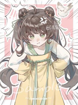 ! 1girl absurdres ahoge anger_vein angry artist_name bird blush book brown_hair buluoxiang chinese_clothes chinese_commentary commentary_request double_bun dress green_eyes hair_bun hands_on_own_hips hanfu highres leaning_forward long_hair long_sleeves looking_at_viewer original pout qixiong_ruqun ribbon solo twintails twitter_username v-shaped_eyebrows yellow_dress