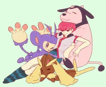 1girl ambipom commentary full_body gen_2_pokemon gen_4_pokemon green_background grey_shirt grin hug lopunny miltank nintendo pink_eyes pink_hair pokemon pokemon_(creature) pokemon_hgss red_hair samepaku shirt short_hair simple_background smile socks striped_clothes striped_socks whitney_(pokemon)