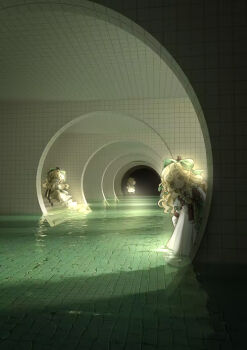 3girls aqua_bow aqua_eyes backlighting backrooms_(creepypasta) blonde_hair bow chibi clone dress hair_bow leaning_to_the_side ling_aya. long_dress long_hair looking_at_viewer lorelei_(reverse:1999) multiple_girls on_stairs reverse:1999 sitting smile standing tile_wall tiles wading white_dress