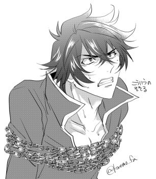 1boy artist_name ben-day_dots chain chained chinese_commentary clenched_teeth collarbone collared_shirt commentary commentary_request constricted_pupils english_commentary from_side greyscale hair_between_eyes high_collar iwatani_naofumi koromo_(kinu) long_sleeves looking_ahead looking_to_the_side looking_up male_focus messy_hair mixed-language_commentary monochrome open_mouth screentones shirt short_hair sidelocks simple_background solo tate_no_yuusha_no_nariagari teeth translation_request twitter_username upper_body