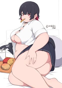 1girl bed belly black_hair blush breasts burger button_gap choker cleavage colored_inner_hair eating ellen_joe fast_food fat fat_woman fins fish_tail food food_in_mouth french_fries hand_on_own_thigh highres large_breasts lying masakin mole mole_under_eye multicolored_hair navel on_bed on_side open_clothes open_shirt red_eyes red_hair shark_girl shark_tail short_hair skirt solo tail thick_thighs thighs tight_clothes tray underboob white_background zenless_zone_zero