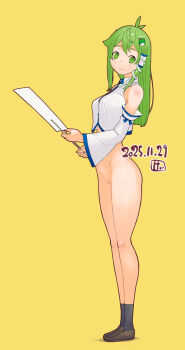 1girl antenna_hair black_socks bottomless breasts brown_shoes closed_mouth commentary_request dated detached_sleeves frog_hair_ornament full_body gohei green_eyes green_hair hair_ornament hair_tubes highres holding holding_gohei kei_jiei kochiya_sanae large_breasts loafers long_hair looking_at_viewer shirt shoes sidelocks simple_background single_hair_tube sleeveless sleeveless_shirt smile snake_hair_ornament socks solo standing touhou white_shirt white_sleeves yellow_background