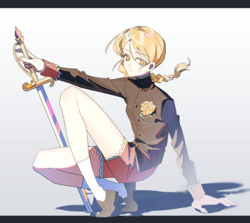 1girl black_jacket blonde_hair braid breasts brown_shoes chi.:_chikyuu_no_undou_ni_tsuite flower full_body hair_between_eyes holding holding_sword holding_weapon jacket jolenta k_morghania loafers long_hair looking_at_viewer parted_lips red_shorts shoes shorts single_braid small_breasts socks solo squatting sword weapon white_socks yellow_eyes