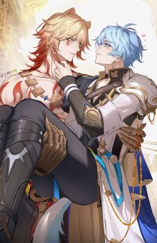 2boys absurdres animal_ears arm_tattoo armor black_choker black_pants blonde_hair blue_eyes blue_hair blush braid carrying chest_tattoo choker dog_ears facial_mark gradient_hair hair_between_eyes hashtag-only_commentary highres honkai:_star_rail honkai_(series) lion_2929 long_hair long_sleeves male_focus multicolored_hair multiple_boys mydei_(honkai:_star_rail) neck_tattoo pants phainon_(honkai:_star_rail) princess_carry red_hair red_tattoo shirt short_hair shoulder_armor side_braid tattoo tiger_ears white_shirt yaoi yellow_eyes