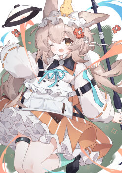1girl absurdres animal_ears arknights brown_eyes brown_hair dress frilled_dress frills highres infection_monitor_(arknights) jewelry long_hair long_sleeves looking_at_viewer maid_headdress one_eye_closed open_mouth orange_dress rabbit_ears rabbit_girl solo thighlet twintails vanishedstar warmy_(arknights)