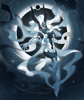 1girl baniran_dorosu black_hair black_skin breasts closed_eyes colored_eyelashes colored_skin eclipse elbow_gloves gloves gradient_hair hand_on_own_chest horns leotard medium_breasts multicolored_hair original personification ringed_eyes solar_eclipse solo thighhighs third_eye two-tone_hair white_gloves white_hair white_leotard