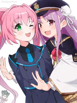 2girls alien beta_(muv-luv) black_shirt blue_necktie blush cat_ear-shaped_hair green_eyes grey_jacket grey_skirt hair_bun hair_intakes hat heaven_burns_red highres jacket kunimi_tama long_hair looking_at_viewer military_hat military_uniform multiple_girls muv-luv muv-luv_alternative muv-luv_girls_garden name_connection necktie one_eye_closed pink_eyes pink_hair plaid_clothes plaid_skirt purple_hair shirt skirt smile tamase_miki tanigawa_kent twintails un_uniform_(muv-luv)