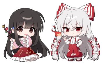 Rule 34 | 2girls, :d, black hair, border, bow, branch, brown eyes, chibi, chibi only, closed mouth, collared shirt, fire, frilled sleeves, frills, fujiwara no mokou, full body, hair bow, hand in pocket, hashtag-only commentary, holding, holding branch, houraisan kaguya, jeweled branch of hourai, long hair, long sleeves, looking at viewer, multiple girls, multiple hair bows, open mouth, pants, pink shirt, pudding (skymint 028), pyrokinesis, red eyes, red pants, red skirt, shirt, simple background, skirt, smile, suspenders, touhou, very long hair, white background, white border, white shirt, wide sleeves