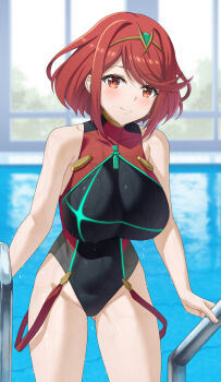 1girl aqua_gemstone bare_shoulders black_one-piece_swimsuit blush breasts chest_jewel competition_swimsuit core_crystal_(xenoblade) covered_navel gem gluteal_fold headpiece highres jewelry large_breasts looking_at_viewer mzrz one-piece_swimsuit open_mouth pool pool_ladder pyra_(pro_swimmer)_(xenoblade) pyra_(xenoblade) red_eyes red_hair red_one-piece_swimsuit ribbed_swimsuit short_hair smile solo striped_clothes striped_one-piece_swimsuit swept_bangs swimsuit thighs tiara two-tone_swimsuit vertical-striped_clothes vertical-striped_one-piece_swimsuit xenoblade_chronicles_(series) xenoblade_chronicles_2