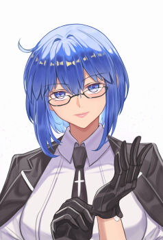 1girl absurdres black_gloves black_jacket blue_eyes blue_hair breasts c.i.e.l_(fate) ciel-sensei_(fate) ciel_(tsukihime) fate/grand_order fate_(series) glasses gloves highres jacket jacket_on_shoulders kaworu13 large_breasts medium_hair pink_lips shirt simple_background solo tsukihime tsukihime_(remake) upper_body white_background white_shirt