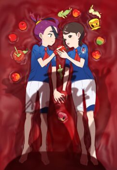1boy 1girl absurdres apple apple_juice ascot barefoot black_hair blue_shirt blush brown_eyes brown_hair collared_shirt commentary_request dipplin food fruit gloves hetero highres holding holding_food holding_fruit holding_hands juice juliana_(pokemon) kieran_(pokemon) lying nintendo on_back open_mouth pokemon pokemon_(creature) pokemon_sv purple_hair red_ascot shirt short_sleeves shorts single_glove tli_eilt_pk yellow_eyes