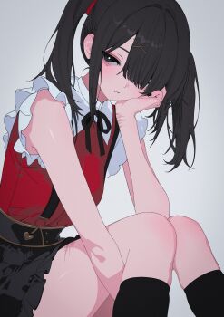1girl ame-chan_(needy_girl_overdose) bags_under_eyes black_eyes black_hair black_ribbon bright_pupils commentary_request grey_background highres kneehighs lumina_(1umin4) needy_girl_overdose one_eye_covered parted_lips puritan_collar ribbon scar simple_background sitting skirt socks solo suspender_skirt suspenders thighs twintails white_pupils