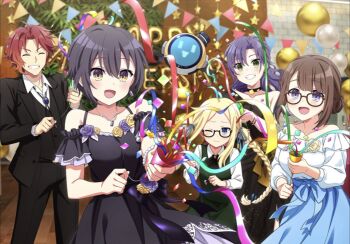 1boy 1other 4girls bare_shoulders black_dress black_hair black_jacket black_pants black_ribbon black_suit black_vest blonde_hair blue_eyes blue_hair blue_skirt bracelet breasts brown_hair chloe_tang collar collarbone collared_shirt dress emilio_romero_alvarez engage_kill engage_kiss facial_hair flower_ornament formal_clothes game_cg glasses green_dress green_eyes happy highres humpty_(engage_kill) indoors jacket jewelry kotobuki_aoi_(engage_kill) large_breasts light_smile long_hair long_sleeves machine medium_breasts multiple_girls neck_ribbon noel_(engage_kill) non-web_source official_alternate_costume official_alternate_hairstyle official_art pants party_popper pearl_bracelet pinafore_dress purple_eyes red_hair ribbon shirt short_hair single_bare_shoulder skirt sleeveless sleeveless_dress small_breasts smile suit takenouchi_shiho vest white_shirt yellow_eyes