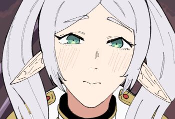 1girl :&gt; black_collar blush chainsaw_man collar epaulettes frieren green_eyes long_hair looking_at_viewer meme parted_bangs plain_epaulettes pointy_ears reze_(chainsaw_man) shirt snake_mouth sousou_no_frieren wanderjegson white_hair white_shirt