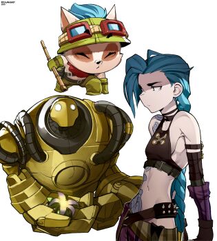 1boy 1girl absurdres arcane:_league_of_legends arcane_jinx arm_tattoo asymmetrical_bangs bad_id bad_pixiv_id bare_shoulders belt blitzcrank blue_hair braid breasts brown_belt closed_mouth cloud_tattoo crop_top fingerless_gloves flower frown gloves goggles goggles_on_head highres jinx_(league_of_legends) league_of_legends long_hair looking_at_viewer navel pants robot ryu_(ryuwanshoy) simple_background small_breasts stomach stomach_tattoo tattoo teemo twin_braids twintails white_background
