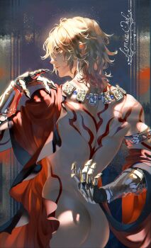 1boy absurdres armor chain fabric fake_claws from_behind hand_on_own_back hashtag-only_commentary highres honkai:_star_rail honkai_(series) lemonowl1 medium_hair messy_hair multicolored_hair mydei_(honkai:_star_rail) nude watermark writing yellow_eyes