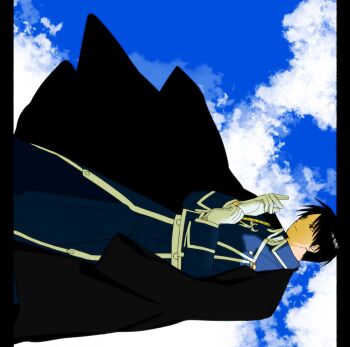 Rule 34 | 1boy, adjusting clothes, adjusting gloves, black border, black coat, black hair, blue jacket, blue pants, blue sky, border, closed mouth, cloud, cloudy sky, coat, coat on shoulders, fullmetal alchemist, gloves, highres, jacket, long coat, ls182 520, male focus, military jacket, military uniform, pants, parted bangs, roy mustang, short hair, sky, solo, white gloves, white trim