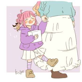 2girls :d aged_down ahoge anyoji_hime anyoji_hime's_sister blonde_hair boots border box brown_boots gradient_hair holding holding_box holding_hands hood hood_down hooded_jacket jacket kase_(ks_lys) kneehighs link!_like!_love_live! long_hair long_skirt long_sleeves love_live! medium_skirt multi-tied_hair multicolored_hair multiple_girls open_mouth outside_border pink_hair pleated_skirt ponytail purple_background purple_jacket purple_socks siblings sidelocks sisters skirt smile socks virtual_youtuber walking white_border white_skirt