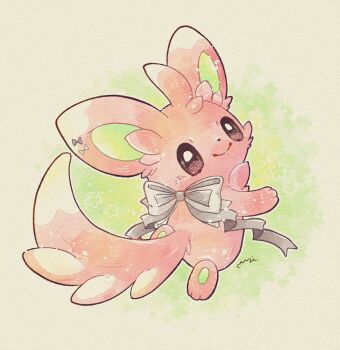 Rule 34 | alternate color, animal focus, black eyes, bow, full body, gen 5 pokemon, green background, grey bow, highres, looking at viewer, looking back, miketoevecan, minccino, nintendo, no humans, pawpads, pink fur, pokemon, pokemon (creature), shiny pokemon, simple background, smile, solo