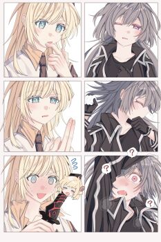 Rule 34 | 2girls, ?, black gloves, blonde hair, blush, comic, emptyayya, fang, gloves, heavy breathing, implied fingering, multiple girls, one eye closed, sky striker ace - raye, sky striker ace - roze, sweat, tearing up, tongue, tongue out, yu-gi-oh!