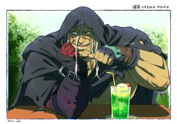 1boy absurdres bandaged_arm bandages bara black_cloak cherry cloak cup dark-skinned_male dark_skin drink drinking_glass drinking_straw elbow_rest facial_hair fingerless_gloves food fruit glass gloves hair_between_eyes head_rest highres hood hood_up hooded_cloak ice ice_cream ice_cream_float ice_cube long_hair looking_at_viewer lope_chobo m._bison male_focus mature_male muscular muscular_male no_pupils old old_man open_mouth pectorals pointing smile soda solo street_fighter street_fighter_6 table upper_body white_hair