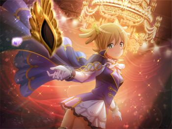 1girl cape chandelier closed_mouth cosplay daiba_nana erik_(phantom_of_the_opera) erik_(phantom_of_the_opera)_(cosplay) eye_mask game_cg gloves green_eyes half_eye_mask long_sleeves looking_at_viewer mask miniskirt motion_blur official_art orange_hair phantom_of_the_opera purple_cape purple_vest shirt short_hair short_twintails shoujo_kageki_revue_starlight shoujo_kageki_revue_starlight_-re_live- skirt solo spotlight standing twintails upper_body vest waistcoat white_gloves white_shirt white_skirt