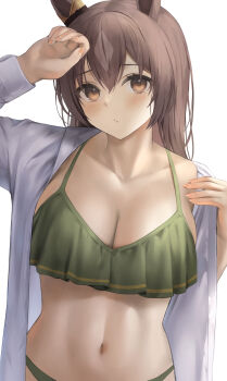 1girl absurdres animal_ears arm_up bikini bikini_under_clothes blush breasts brown_eyes brown_hair cleavage closed_mouth collarbone green_bikini grey_hair hibimaru highres horse_ears horse_girl large_breasts long_hair looking_at_viewer multicolored_hair navel satono_diamond_(umamusume) shirt simple_background stomach swimsuit two-tone_hair umamusume upper_body white_background white_shirt