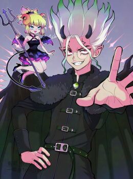 1boy 1girl belt black_cape black_dress black_horns black_wings blonde_hair blue_eyes cape curled_horns demon_boy demon_girl demon_horns demon_tail demon_wings dr._stone dress evil_smile fiery_hair floating gradient_hair green_hair grin halloween halloween_costume hand_on_own_hip high_heels highres holding holding_weapon horns ishigami_senkuu kohaku_(dr._stone) looking_at_viewer male_focus monocle multicolored_hair ninomae_gin pointy_ears polearm red_eyes smile spiked_hair tail teeth trident weapon white_hair wings