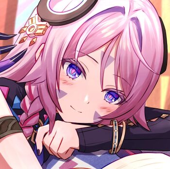 1girl armlet blue_eyes blurry blurry_background blush bracelet braid citlali_(genshin_impact) closed_mouth commentary facial_mark feathers fingernails floating_headgear forehead_mark genshin_impact headgear highres jewelry long_hair nail_polish pink_hair pink_pupils purple_feathers purple_nails purple_sleeves ribbed_sleeves ring_hair_ornament smile solo triangle triangle_facial_mark yoi_(a27963244)