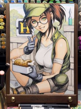 boned_meat boots box breasts brown_hair fio_germi food glasses gloves green_eyes hat highres jacket knee_pads meat metal_slug midriff open_clothes open_jacket parted_bangs pointing ponytail shorts sitting sleeveless smile stanley_lau tank_top vest