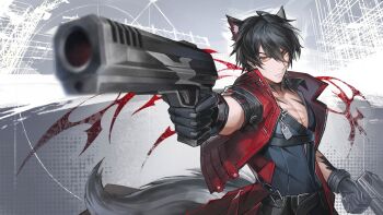 1boy absurdres aiming animal_ears arknights arknights:_endfield belt black_belt black_gloves black_hair black_pants brown_eyes chest_belt commentary dual_wielding facial_scar gloves gun hair_between_eyes highres holding holding_gun holding_weapon male_focus pants pectoral_cleavage pectorals salmonviz scar scar_on_cheek scar_on_chest scar_on_face solo tail upper_body weapon wolf_boy wolf_ears wolf_tail wulfgard_(arknights)