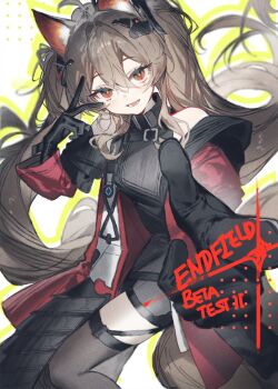 Rule 34 | 1girl, angelina (arknights), arknights, arknights: endfield, bare shoulders, black gloves, black thighhighs, breasts, brown eyes, brown hair, commentary, english text, gilberta (arknights), gloves, hair between eyes, highres, lentain, long hair, looking at viewer, medium breasts, solo, symbol-only commentary, thighhighs, thighs, twintails