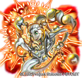 1girl colored_skin copyright_notice green_eyes grey_hair grey_skin long_hair looking_at_viewer macury_(wixoss) monster_girl official_art open_mouth shinjuro_yuri slime_girl smile solo twintails white_background wixoss