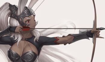 1girl animal_ears black_sleeves bow_(weapon) breasts breasts_apart collarbone commentary dark-skinned_female dark_skin drawing_bow english_commentary final_fantasy final_fantasy_xii forehead_protector fran_(ff12) helmet holding holding_bow_(weapon) holding_weapon large_breasts long_hair looking_to_the_side numanoan painterly parted_lips ponytail red_eyes simple_background solo upper_body weapon white_background white_hair