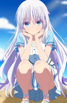 Rule 34 | 1girl, absurdres, blue eyes, blue sky, blurry, blurry background, blush, center frills, clenched hands, closed mouth, commentary request, day, eyes visible through hair, frilled shirt, frilled skirt, frills, full body, furrowed brow, hair between eyes, hair ornament, hairclip, hands on own cheeks, hands on own face, hands up, highres, legs, light smile, long hair, looking at viewer, naruse shiroha, no socks, outdoors, parallel hairclips, ringed eyes, sakuratoru, sandals, shirt, short sleeves, skirt, sky, solo, split mouth, squatting, summer pockets, upskirt, very long hair, white hair, white sandals, white shirt, white skirt