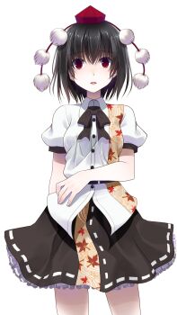 1girl arm_behind_back belt black_belt black_bow black_bowtie black_hair black_skirt bow bowtie buttons collared_shirt commentary_request cowboy_shot crote frilled_skirt frills furrowed_brow hat highres large_variant_set leaf_print legs_apart looking_at_viewer maple_leaf_print parted_lips puffy_short_sleeves puffy_sleeves red_eyes red_hat ribbon-trimmed_skirt ribbon_trim shameimaru_aya shirt short_hair short_sleeves skirt sleeve_cuffs solo standing tachi-e teeth tokin_hat touhou transparent_background upper_teeth_only variant_set white_shirt wide-eyed