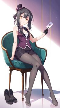 1girl absurdres black_hair card fate/kaleid_liner_prisma_illya fate_(series) feet hair_bun highres long_hair looking_at_viewer miyu_edelfelt netarrow pantyhose playing_card sandals shoes sitting smile toes unworn_sandals unworn_shoes yellow_eyes