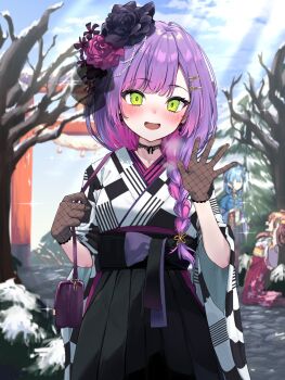 Rule 34 | 3girls, bag, bare tree, black choker, black flower, black kimono, black rose, black skirt, blue kimono, blue sky, blush, braid, braided ponytail, breasts, breath, brown gloves, checkered clothes, checkered kimono, choker, cloud, cloudy sky, cold, commentary, cowboy shot, day, earrings, faceless, faceless female, fishnet gloves, fishnets, flower, gloves, green eyes, hair flower, hair ornament, hair over shoulder, hairclip, hakama, hakama skirt, handbag, highres, hololive, hoshimachi suisei, hoshimachi suisei (new year), japanese clothes, jewelry, kimono, lace, lace choker, light rays, long hair, looking at viewer, multicolored hair, multiple girls, obi, official alternate costume, official alternate hairstyle, open mouth, outdoors, pink hair, purple flower, purple hair, purple rose, red hakama, rose, sakura miko, sash, skirt, sky, small breasts, smile, solo focus, sparkle, standing, streaked hair, sunlight, tashime, tokoyami towa, tokoyami towa (new year), torii, tree, two-tone hair, two-tone kimono, virtual youtuber, waving, white kimono, wide sleeves, x hair ornament