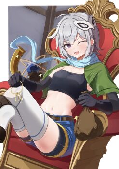 Rule 34 | 1girl, ;d, absurdres, ahoge, belt, black gloves, black sleeves, black tank top, blue scarf, blue shorts, boots, border, breasts, brown belt, brown boots, capelet, chair, chris (konosuba), commentary request, crop top, detached sleeves, dutch angle, earrings, elbow gloves, eye mask, gloves, green capelet, grey hair, hair between eyes, highres, holding keyring, indoors, jewelry, keyring, knee boots, kono subarashii sekai ni shukufuku wo!, light blush, looking at viewer, mask, mask on head, medium hair, messy hair, midriff, navel, on chair, one eye closed, open mouth, outside border, purple eyes, sayu (user yjsz2885), scar, scar on face, scarf, shorts, sidelocks, single strap, sitting, skindentation, small breasts, smile, solo, sparkle, tank top, thief, thighhighs, v-shaped eyebrows, white border, white thighhighs, zettai ryouiki