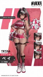 1girl :d ahoge animated artist_request ass bandaid bandaid_on_arm bare_shoulders bay_(nikke) black_hair black_hairband blue_sky blush breasts brown_eyes cheerleader clothes_writing cloud collar collarbone cowboy_shot crop_top crop_top_overhang curvy dark-skinned_female dark_skin day full_body goddess_of_victory:_nikke hair_between_eyes hair_intakes hairband high_ponytail highleg highleg_panties highres holding holding_pom_poms jumping large_breasts lock long_hair looking_at_viewer miniskirt mole mole_on_breast mole_under_mouth multicolored_hair navel official_art open_mouth padlock padlocked_collar panties pleated_skirt pom_pom_(cheerleading) pom_poms ponytail red_hair red_shirt red_skirt shirt sideboob sidelocks skirt sky sleeveless sleeveless_shirt smile solo spiked_collar spikes standing star_(symbol) star_in_eye star_sticker sticker sticker_on_face stomach streaked_hair symbol_in_eye tagme talking teeth thong two-tone_shirt two-tone_skirt underboob underwear video whale_tail_(clothing) wide_hips