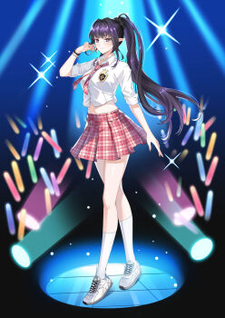 1girl absurdres adjusting_hair badge black_background black_hair black_scrunchie blue_background bracelet closed_mouth closers collared_shirt crossed_legs dark_background full_body glowstick gradient_background hair_ornament hair_scrunchie hand_up highres idol jewelry kneehighs long_hair looking_at_viewer midriff miniskirt navel necktie official_art pink_necktie pink_skirt plaid_clothes plaid_necktie plaid_skirt pleated_skirt pointy_ears ponytail purple_eyes school_uniform scrunchie shirt shoes short_sleeves skirt smile sneakers socks solo sparkle stage stage_lights standing triss_(closers) white_shirt white_shoes white_socks
