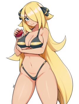 1girl arm_under_breasts bikini black_bikini blonde_hair blue_eyes blush breasts cleavage closed_mouth collarbone commentary cowboy_shot cynthia_(pokemon) english_commentary hair_ornament hair_over_one_eye hand_up highleg highleg_bikini highres holding holding_poke_ball large_breasts long_hair looking_at_viewer navel nintendo one_eye_covered oninuer paid_reward_available parted_bangs poke_ball poke_ball_(basic) pokemon pokemon_dppt simple_background smile solo stomach swimsuit thighs very_long_hair white_background