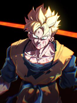 1boy alternate_universe amputee belt blonde_hair blood blood_on_face blue_belt blue_shirt commentary_request dougi dragon_ball dragon_ball_super dragon_ball_super_super_hero dragonball_z green_eyes highres looking_at_viewer male_focus missing_limb orange_shirt pectoral_cleavage pectorals revision scar scar_on_face scene_reference shirt simple_background solo son_gohan son_gohan_(future) spiked_hair super_saiyan super_saiyan_1 tkht_9315