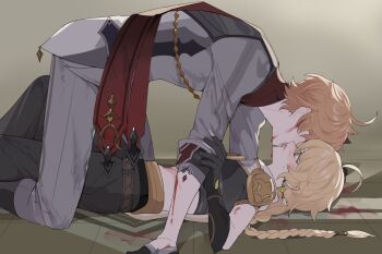 2boys aether_(genshin_impact) ahoge aiguillette all_fours arm_armor armor belt black_boots black_gloves black_pants black_shirt blonde_hair blood blood_on_clothes blood_on_face blood_on_ground blush boots braid brown_belt cape collared_shirt commentary_request earrings feet_out_of_frame floor french_kiss genshin_impact gloves gold_trim gradient_background green_background grey_jacket grey_pants hair_between_eyes hair_ornament hair_tubes hand_up implied_murder jacket jewelry kiss long_hair long_sleeves looking_at_another looking_up low-braided_long_hair low-tied_long_hair lying male_focus mask mask_on_head midriff multiple_boys on_back orange_hair pants red_cape red_mask red_shirt scarf shadow shirt short_hair short_sleeves shoulder_armor simple_background single_braid single_earring single_hair_tube sweat talliuma tartaglia_(genshin_impact) white_scarf yaoi yellow_eyes